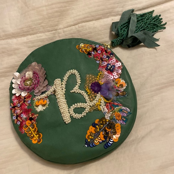 By Anthropologie Handbags - Floral Beaded Green Cosmetic Bag